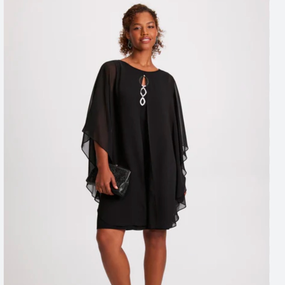 Connected Apparel Poncho Effect Chiffon Dress Black Wedding Guest Cocktail